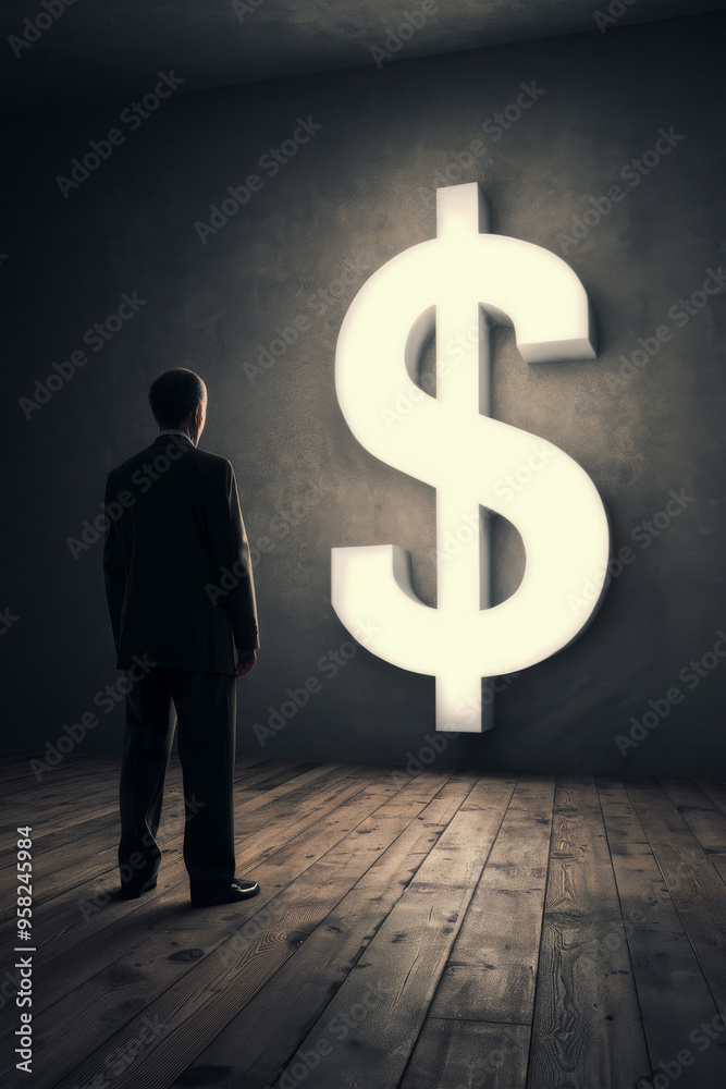 The image shows a businessman standing before a large glowing dollar symbol ($), symbolizing the focus on finance, wealth, and economic goals in a professional or corporate context. The image shows a businessman standing before a large glowing dollar symbol ($), symbolizing the focus on finance, wealth, and economic goals in a professional or corporate context.