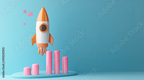 3D rocket and bar chart representing business growth, with a clean background for copy space.