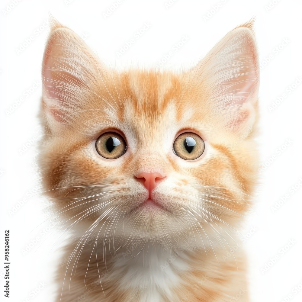 Fototapeta premium A cute orange and white kitten with a big, bright green eye