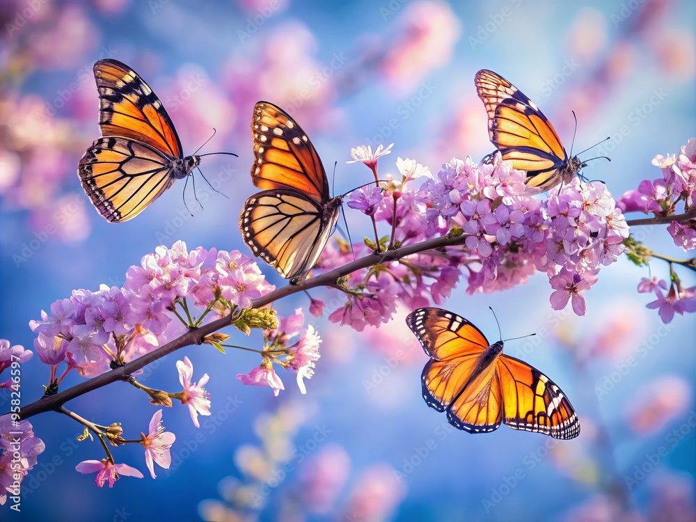Obraz premium a photo image of delicate butterflies perched on a branch of blooming purple flowers against a soft blue sky.
