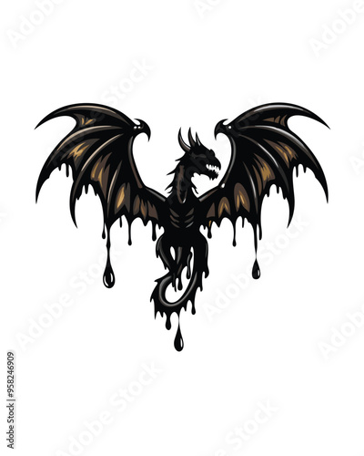 A monstrous black dragon with wings covered in thick oil, dripping with black substance.