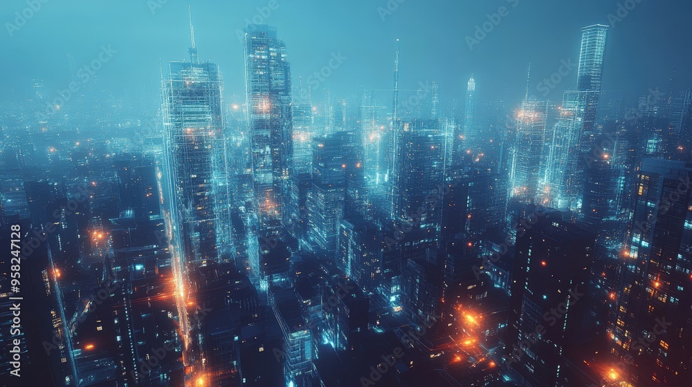 Obraz premium A futuristic smart city with a glowing communication network overlay, ample copy space, no people.