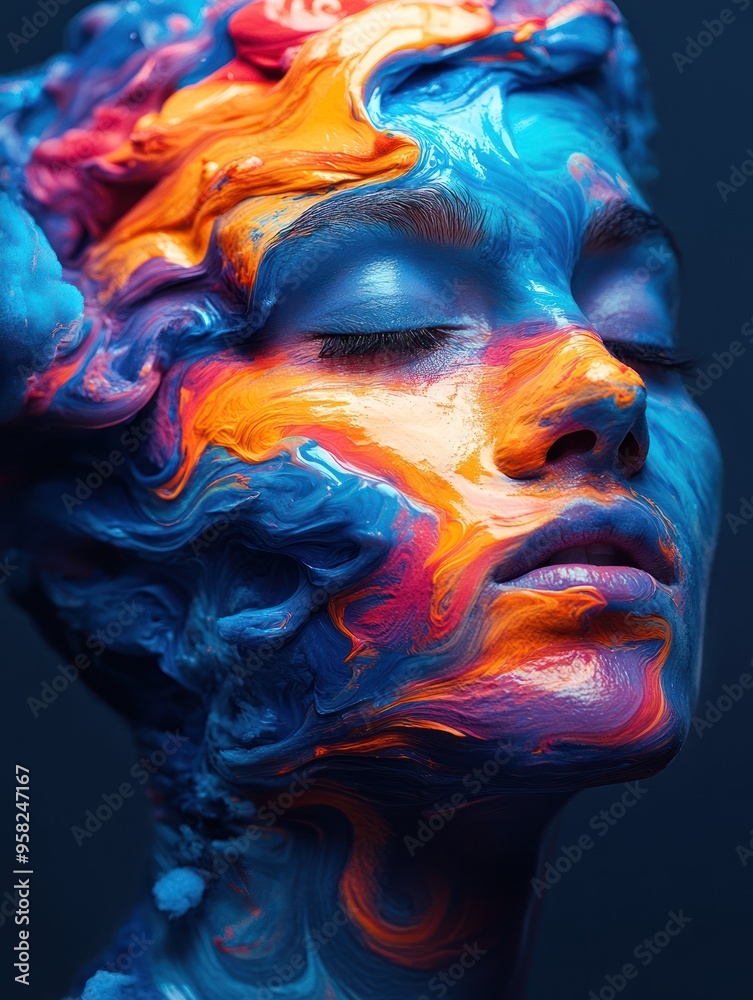 Swirling blue and orange paint covers face, eyes closed Swirling blue and orange paint covers face, eyes closed