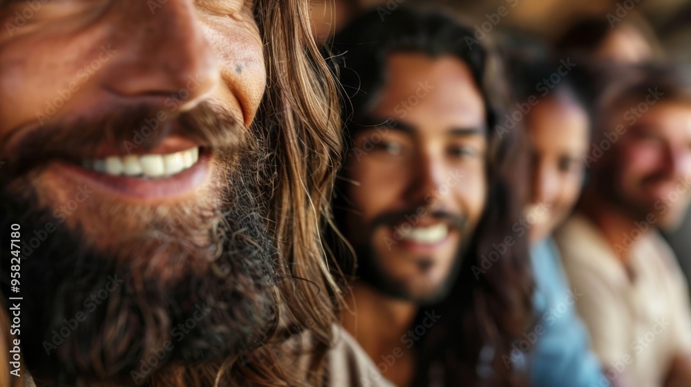 A group of men are smiling and one of them has a beard A group of men are smiling and one of them has a beard