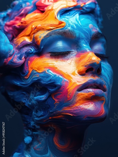 Swirling blue and orange paint covers face, eyes closed