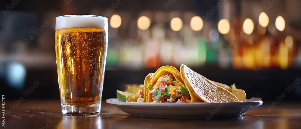 A glass of beer and a plate of tacos on a wooden table in a bar setting, with blurred lights in the background. A glass of beer and a plate of tacos on a wooden table in a bar setting, with blurred lights in the background.