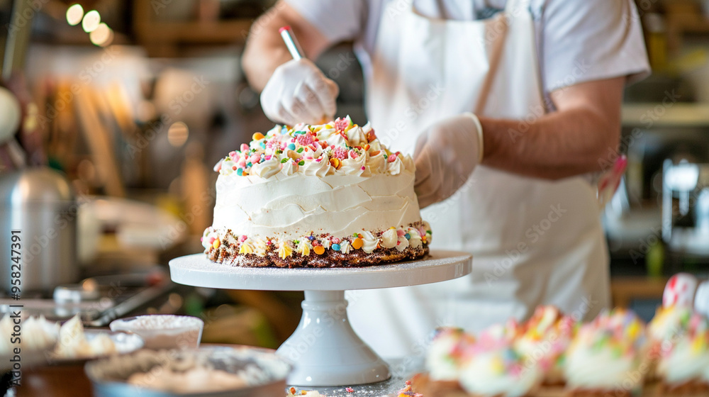Medium close-up of a baker decorating a cake with icing, with various baking tools in the background. Medium close-up of a baker decorating a cake with icing, with various baking tools in the background.
