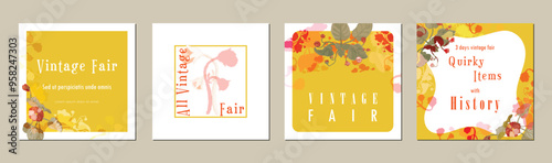 Set of four cute and colorful floral vector illustrations for Mothers Day, Easter, traditional festivals, fairs, etc. Square-shaped posters with hand-drawn African violets.