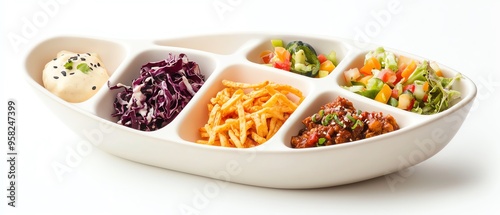 Colorful assortment of healthy salads in a white divided dish on a white background, featuring vibrant vegetables and a variety of textures.