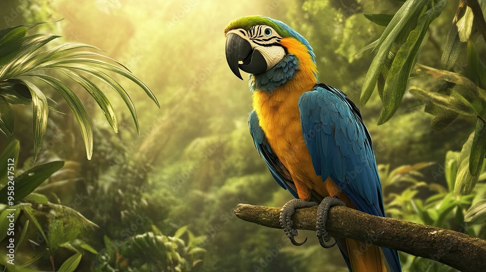Fototapeta premium A Blue-and-yellow Macaw calling out to its mate, its loud call echoing through the rainforest.