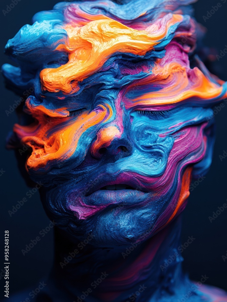 Blue and orange abstract bust with swirls and texture