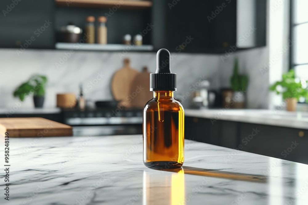 A brown glass dropper bottle on a marble countertop in a modern kitchen. A brown glass dropper bottle on a marble countertop in a modern kitchen.