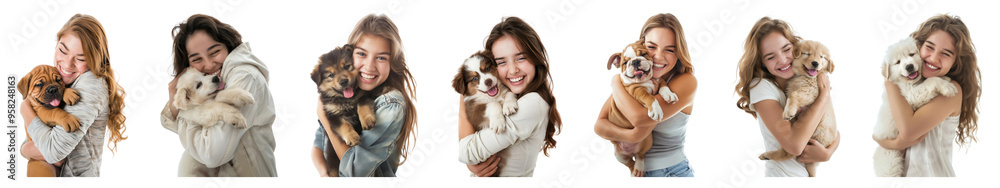 Woman hugging dog png cut out element set Woman hugging dog png cut out element set