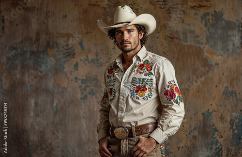 Portrait of a handsome cowboy in a western style. Men's beauty, fashion.