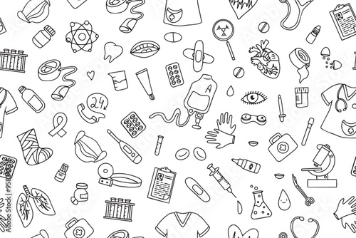 Seamless pattern of medical products, medicines, clothes, first aid kit in doodle style. Vector illustration