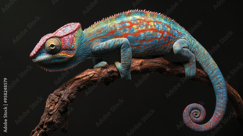 Fototapeta premium A Chameleon Panther perched on a branch, showcasing its vibrant, iridescent colors that shift and change depending on the angle of the light.