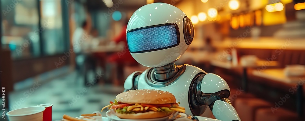 Robot Serving a Burger in a Restaurant - 3D Illustration Robot Serving a Burger in a Restaurant - 3D Illustration