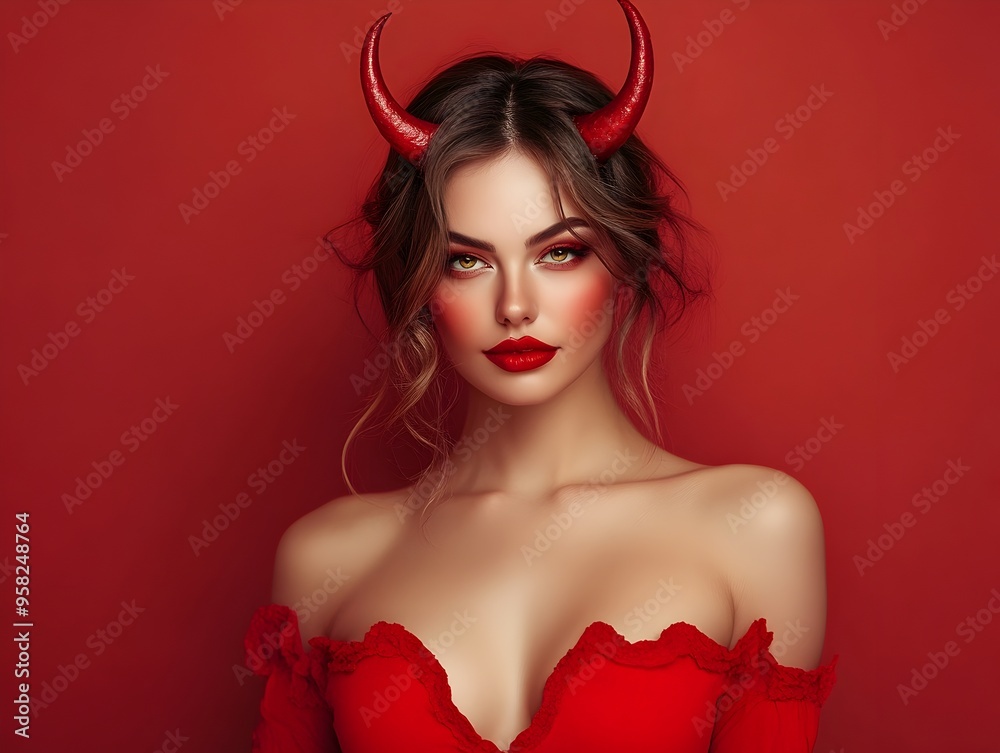 Alluring Devil Woman in Red Halloween Costume with Horns Alluring Devil Woman in Red Halloween Costume with Horns