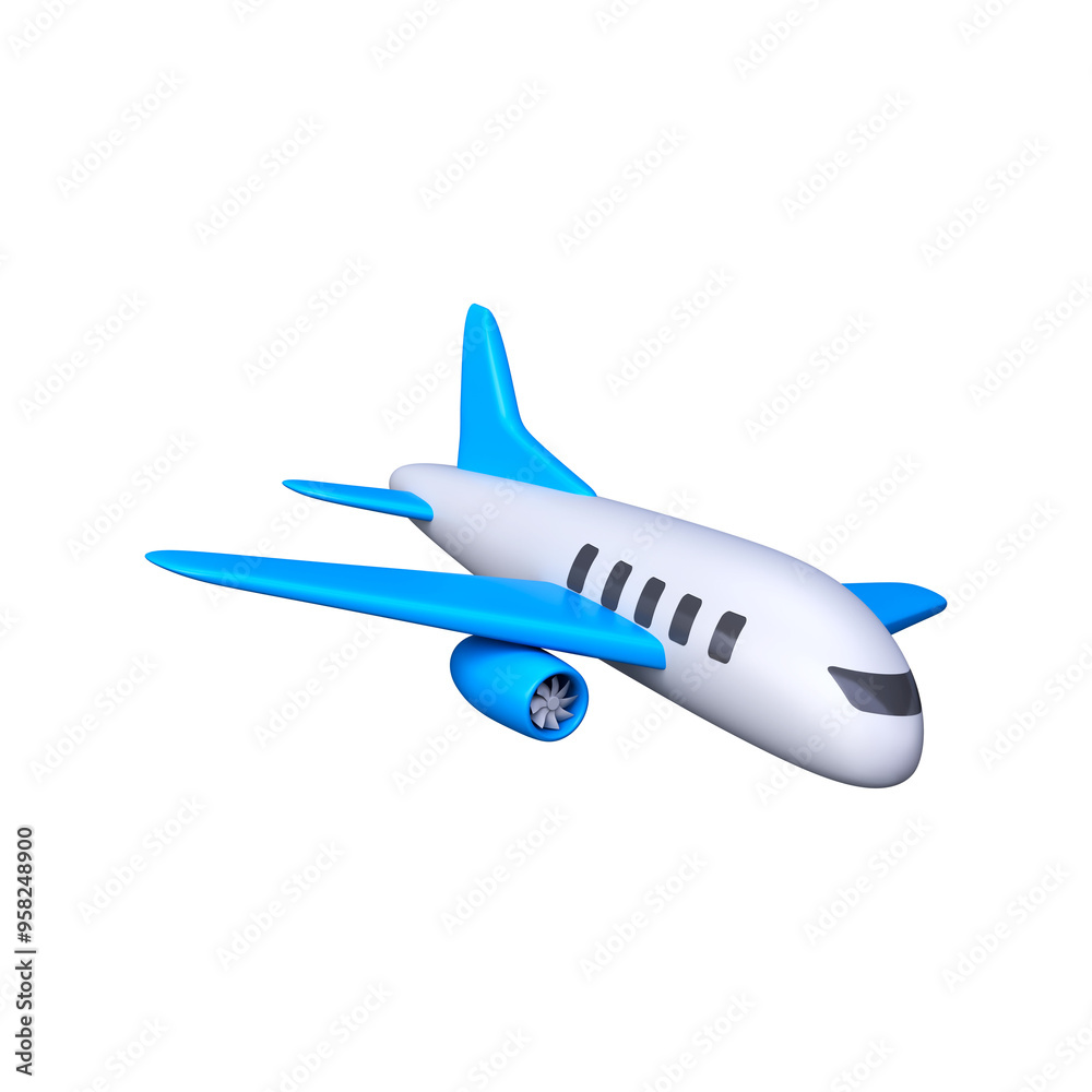 3D blue and white airplane in cartoon style. Travel concept. 3D blue and white airplane in cartoon style. Travel concept.