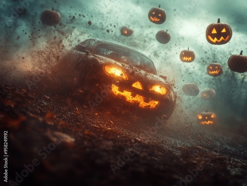 Fiery Spooky Race: Surreal Jack-o'-Lantern Car photo