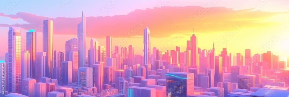 Vibrant cityscape with skyscrapers at sunset, modern urban background.