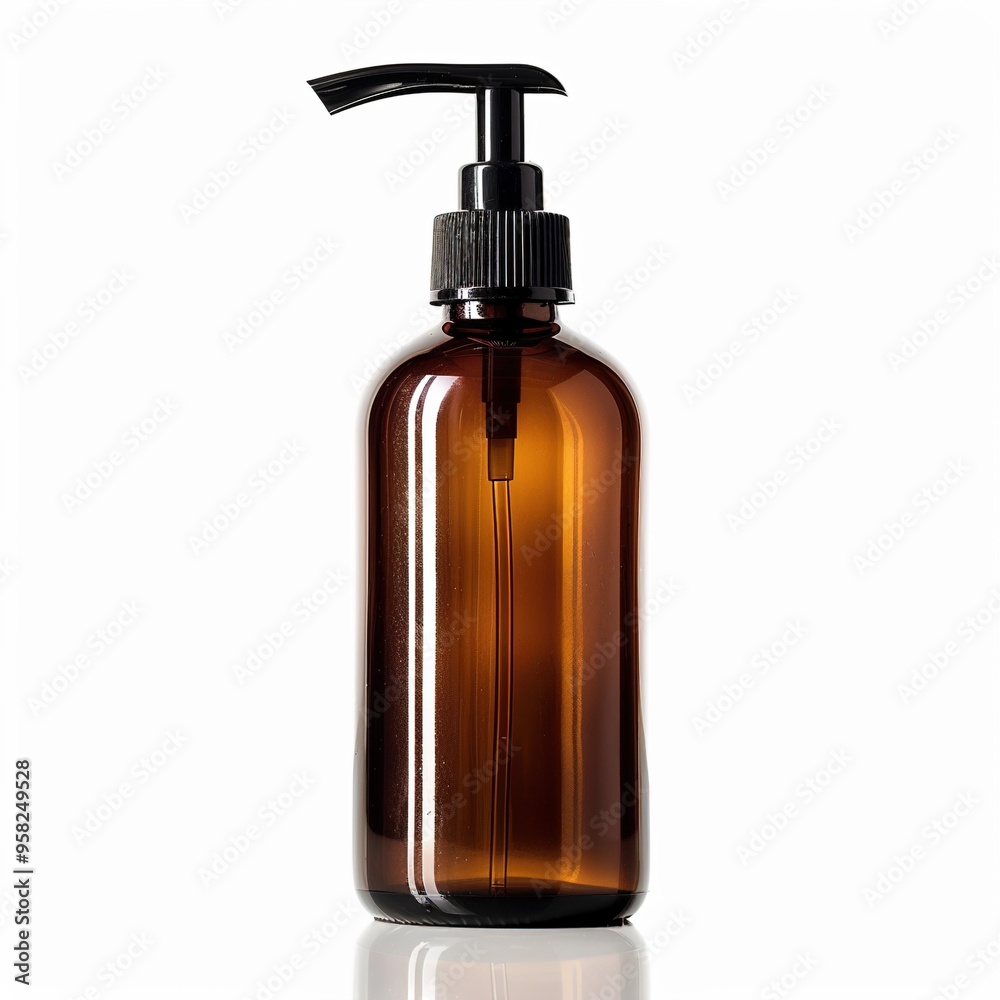 A brown bottle with a black pump A brown bottle with a black pump