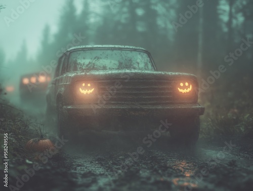 Fiery Spooky Race: Surreal Jack-o'-Lantern Car photo