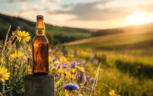 A bottle of beer on a wooden post in a field of wildflowers at sunset, capturing the essence of a peaceful countryside evening. photo