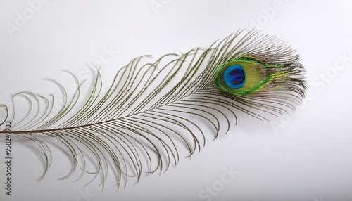 A peacock feather floats slowly on the withe background.