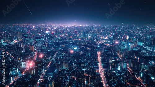 Wallpaper Mural Aerial view of a smart city illuminated by digital communication lines, no people, copy space available. Torontodigital.ca