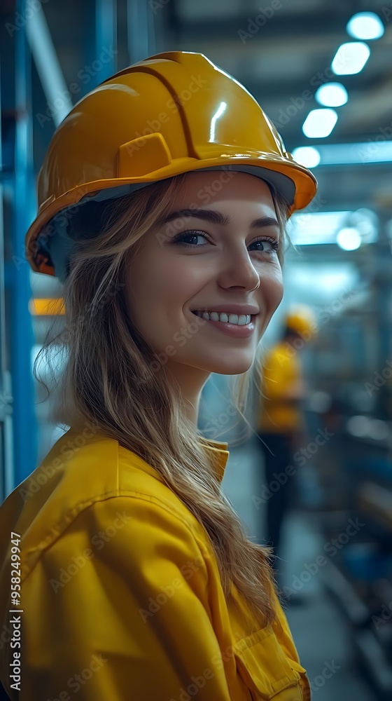 Smiling Woman in Yellow Hard Hat and Coveralls, Realistic Photo Smiling Woman in Yellow Hard Hat and Coveralls, Realistic Photo