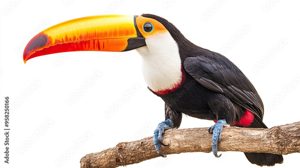 Naklejka premium A colorful toucan perched on a branch, its large, brightly colored beak contrasting with its black body.