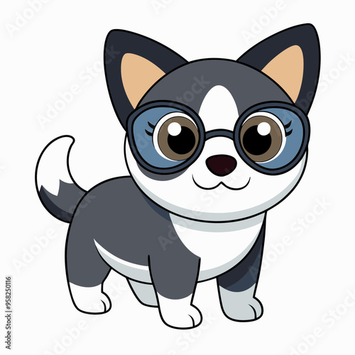 A cute dog with glasses flat cartoon vector illustration