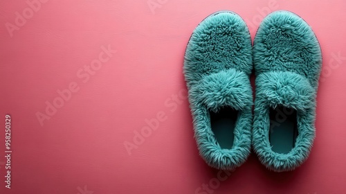 pale green fuzzy slippers on vibrant pink background topdown view of cozy winter footwear with ample copy space represents warmth and comfort for the cold season