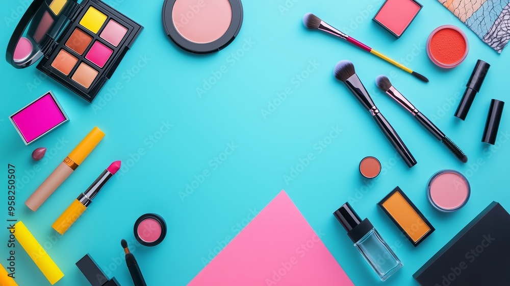 Colorful cosmetics and makeup tools arranged meticulously on a vibrant turquoise surface Colorful cosmetics and makeup tools arranged meticulously on a vibrant turquoise surface