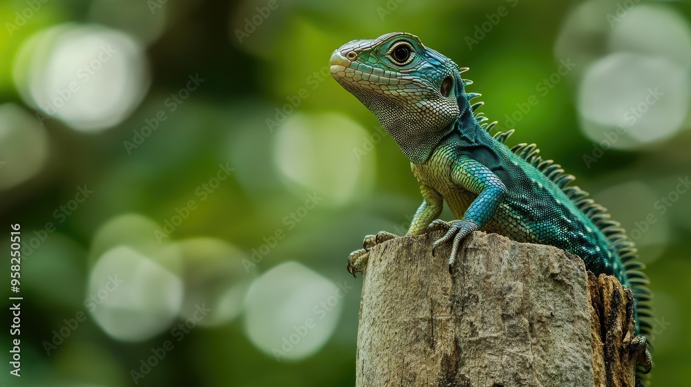 Fototapeta premium A Common Green forest lizard hunting for insects on a wooden pole, its sharp eyes scanning the surroundings for prey.