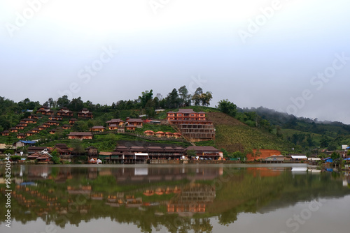 Old chinese style house in tea plantation at Ban Rak Thai the village is surrounded by mountain in Mae Hong Son, Thailand. A village of Chinese settlement is travel destination in Mae Hong Son