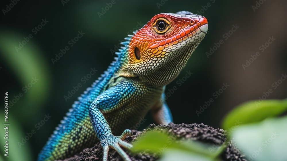 A Common Green forest lizard shedding its skin, revealing a fresh layer of vibrant, gradient-colored scales. A Common Green forest lizard shedding its skin, revealing a fresh layer of vibrant, gradient-colored scales.