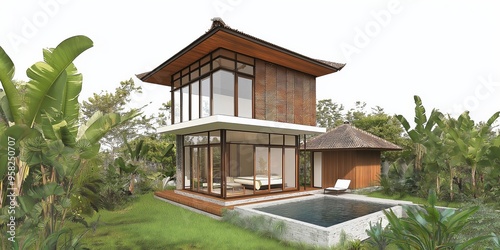 A house with a pool and a balcony. The house is surrounded by trees and has a lot of greenery photo