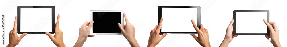An isolated white background shows hands touching a blank screen of a black tablet computer An isolated white background shows hands touching a blank screen of a black tablet computer