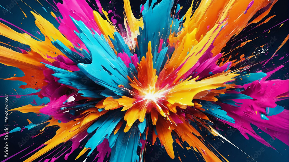 Obraz premium Vibrant colors explode in abstract forms AI-generated with CyberRealistic XL, licensed under CreativeML Open RAIL++-M Addendum.