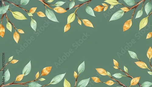 Delicate branches with soft yellow flowers and green leaves framing a white background