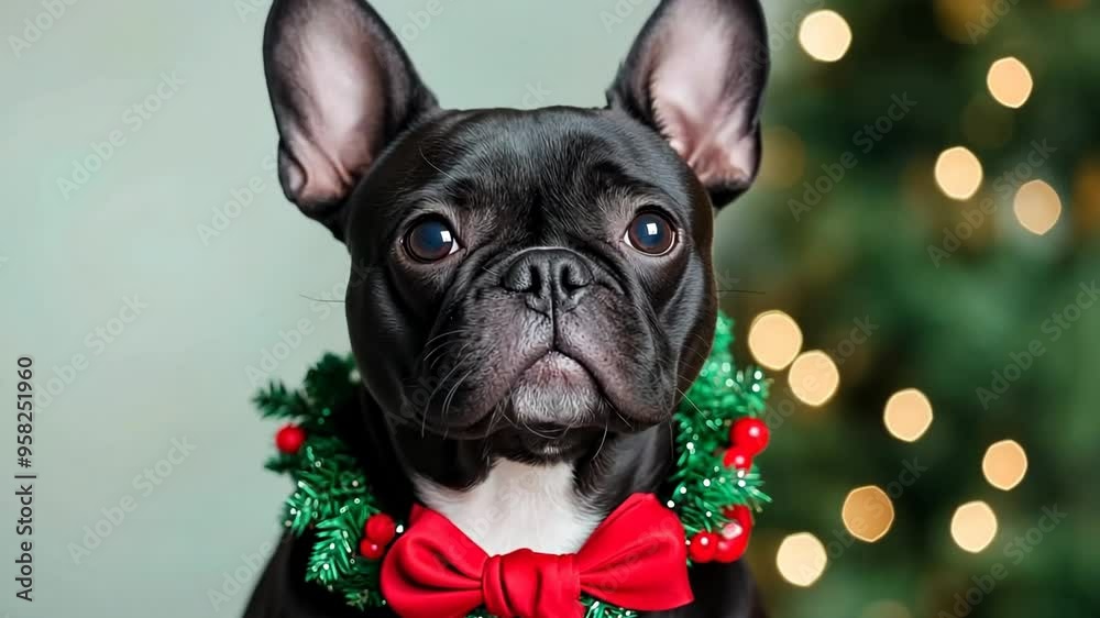 custom made wallpaper toronto digitalFrench Bulldog wearing a festive wreath and red bow tie, perfect for Christmas or holiday-themed concepts and seasonal celebrations