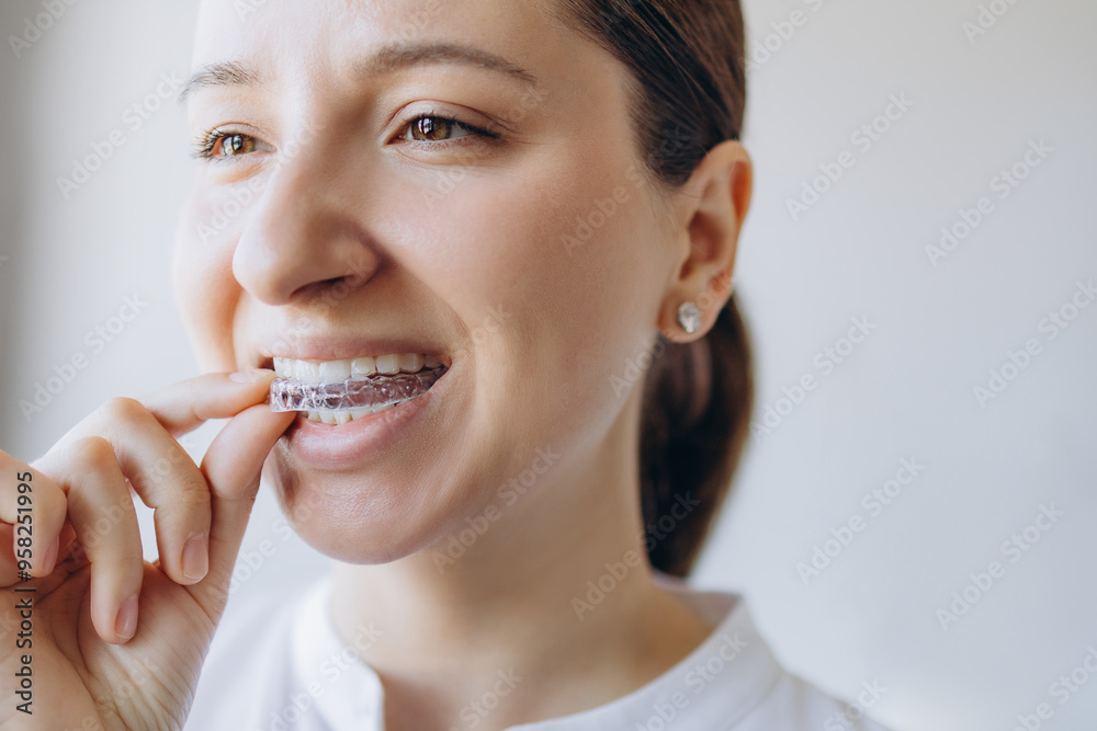 Young Woman Is Putting A Transparent Aligner Into Her Mouth To Straighten Her Teeth. Dental Health Medical Care Concept. Young Woman Is Putting A Transparent Aligner Into Her Mouth To Straighten Her Teeth. Dental Health Medical Care Concept.