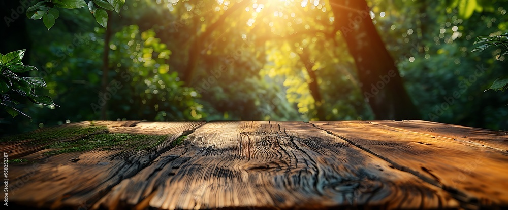 Rustic Wooden Table in a Lush Forest Setting Rustic Wooden Table in a Lush Forest Setting