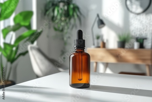 A brown glass dropper bottle on a table in a modern, well-lit interior.