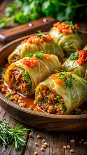 Close-Up of Golubtsi – Traditional Stuffed Cabbage Rolls with Succulent Meat and Cabbage Leaves, Celebrating Gourmet Ukrainian Cuisine photo