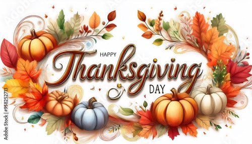 Thanksgiving Day Decorative lettering in elegant, flowing script, surrounded by autumn elements - pumpkin leaves. Graphic flat art illustration. Ai Generated