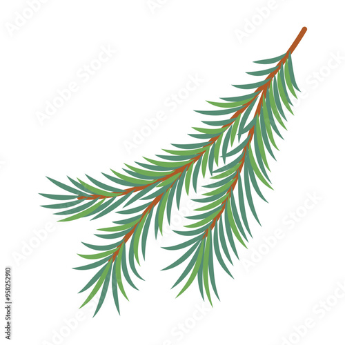 Hand drawn spruce twig with green needles. Isolated on white vector illustration in flat design