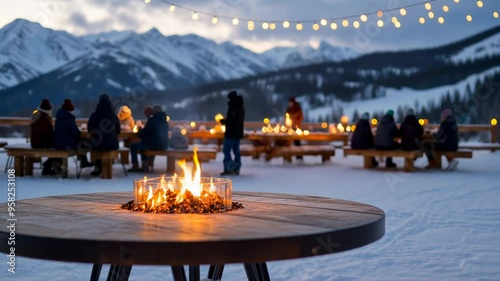 People gather around outdoor fire pits in a snowy mountain landscape under string lights, perfect for winter holidays and cozy gatherings